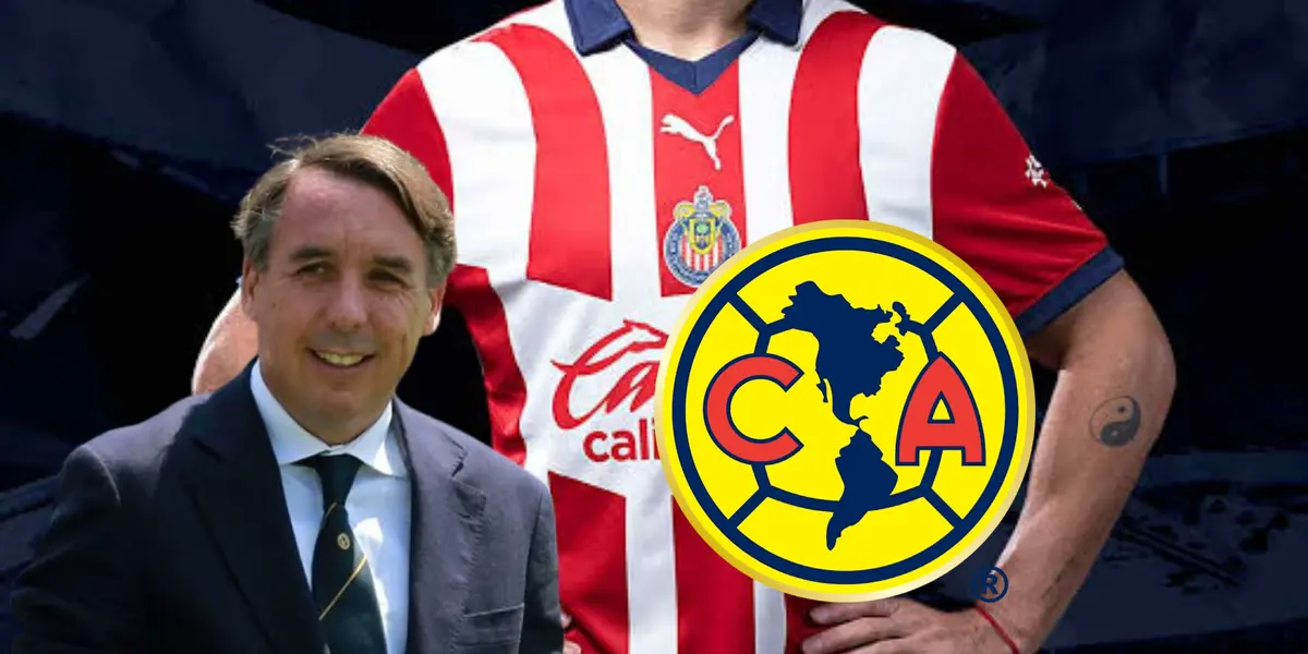 Azcárraga y escudo del América con jugador de Chivas de fondo 