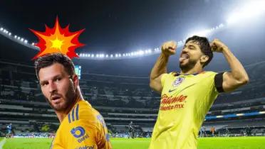 Henry Martín celebrando en el Estadio Azteca y André Pierre Gignac molesto/ Foto Club América.