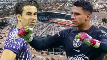 Jiménez, Malagón y fondo el Estadio Azteca / Foto Mexsport