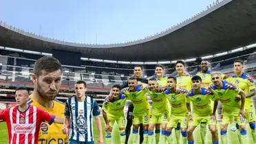 Jugadores del América en el Estadio Azteca junto a otros futbolistas de Tigres, Chivas y Pachuca.