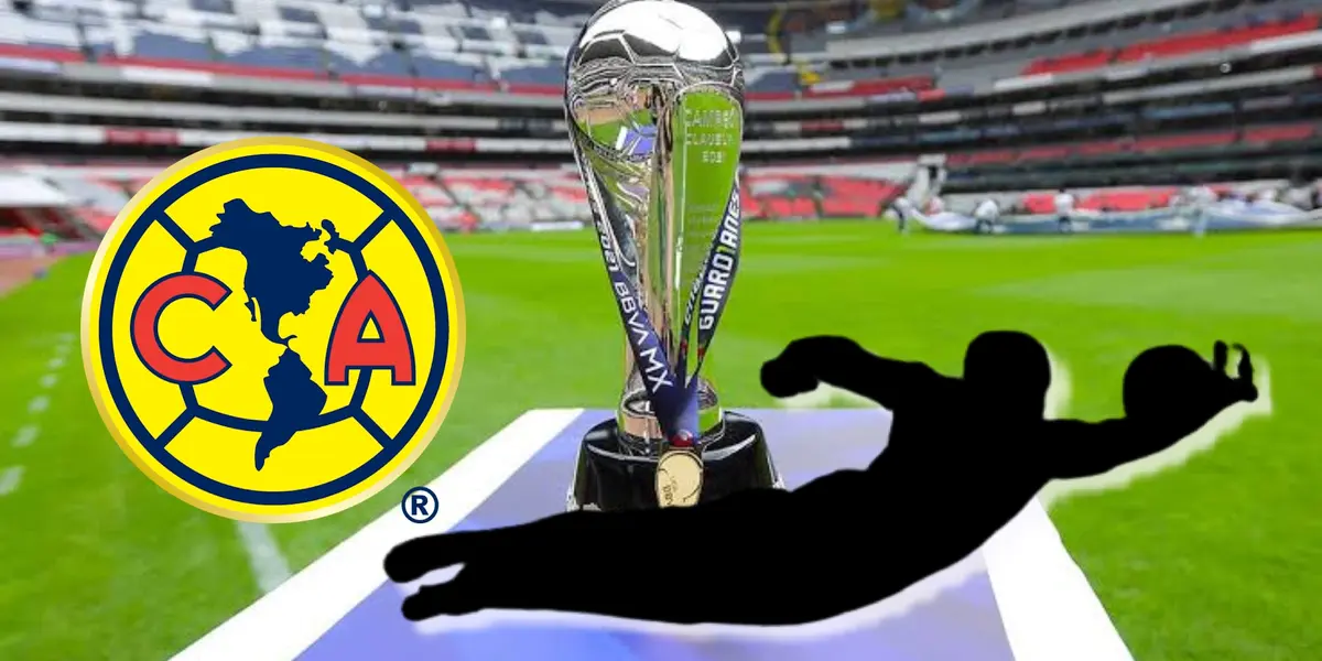Portero incógnito con escudo del América y trofeo de la Liga MX