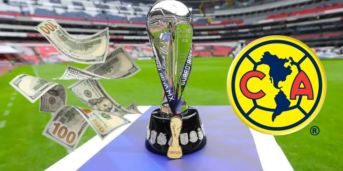 Trofeo de la Liga MX rodeado de dinero y el escudo del América 