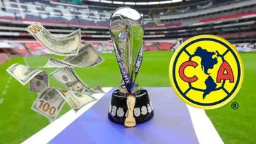 Trofeo de la Liga MX rodeado de dinero y el escudo del América 